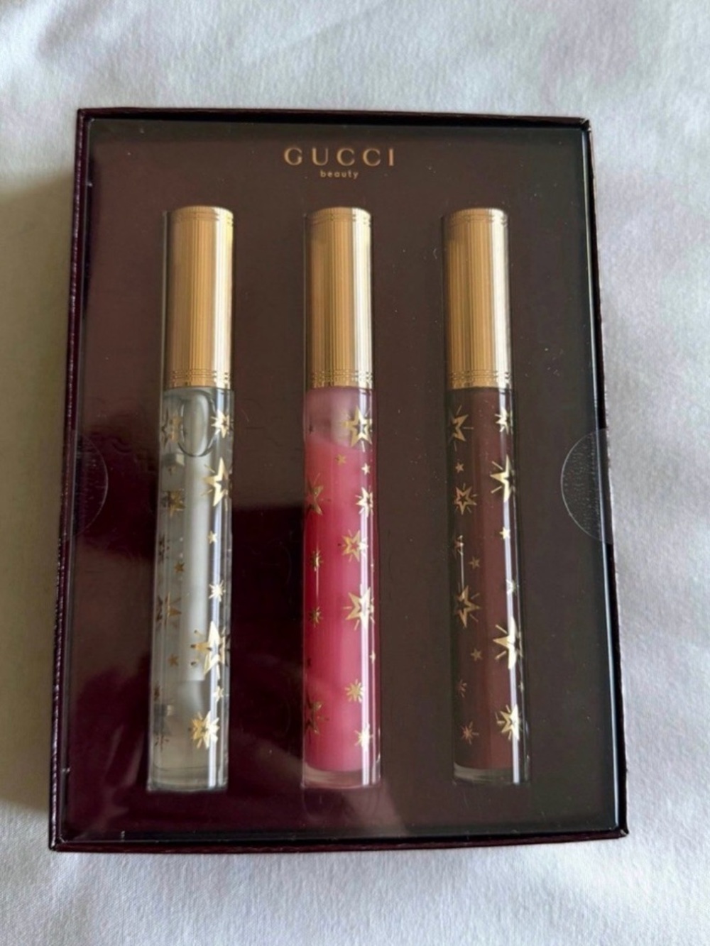 Gucci Lip Gloss Trio-Burgundy, Pink, & Clear and 3 piece red lipstick set bundle
